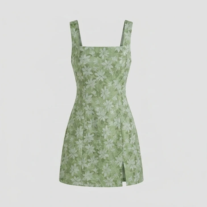 Front product-only image of green-square-neck-slit-floral-mini-dress