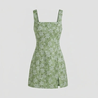 Front product-only image of green-square-neck-slit-floral-mini-dress