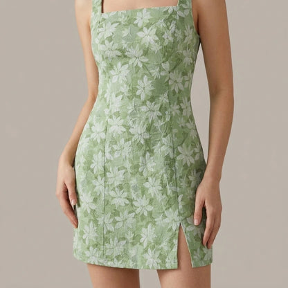 Model wearing green-square-neck-slit-floral-mini-dress with close focus on the product