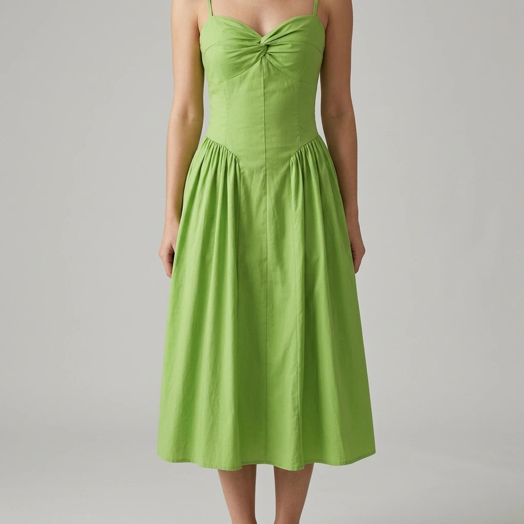 Model wearing green-sweetheart-neck-slip-midi-dress with close focus on the product