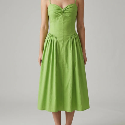 Model wearing green-sweetheart-neck-slip-midi-dress with close focus on the product