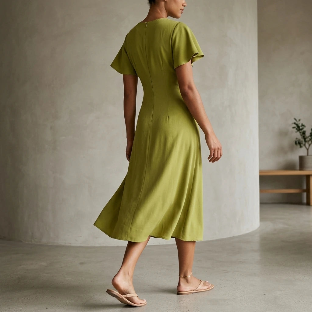 Second natural lifestyle image of a model wearing green-v-neck-ruffle-sleeve-midi-dress