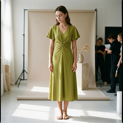 Third natural lifestyle image of a model wearing green-v-neck-ruffle-sleeve-midi-dress