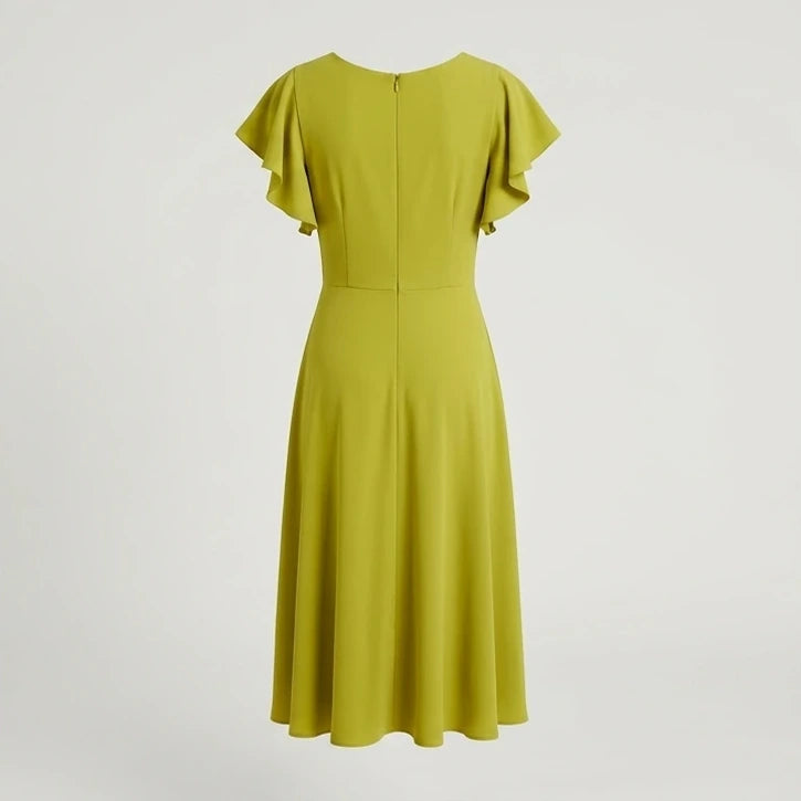 Back product-only image of green-v-neck-ruffle-sleeve-midi-dress