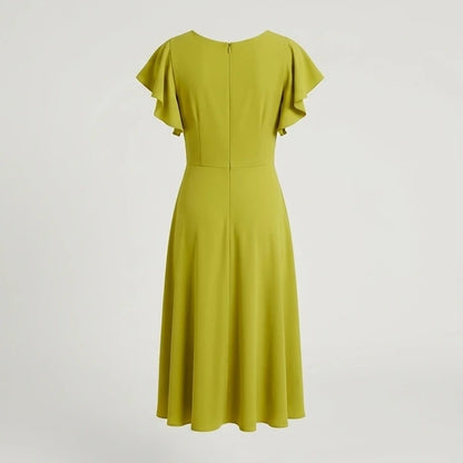 Back product-only image of green-v-neck-ruffle-sleeve-midi-dress