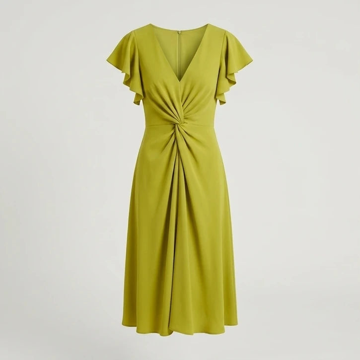Front product-only image of green-v-neck-ruffle-sleeve-midi-dress