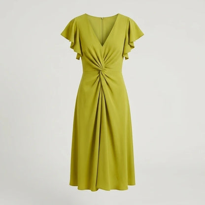 Front product-only image of green-v-neck-ruffle-sleeve-midi-dress