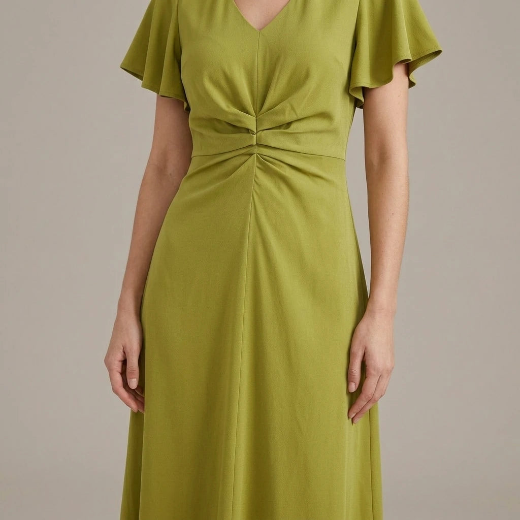 Model wearing green-v-neck-ruffle-sleeve-midi-dress with close focus on the product