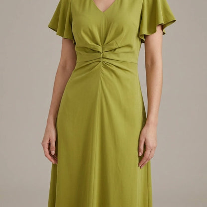 Model wearing green-v-neck-ruffle-sleeve-midi-dress with close focus on the product