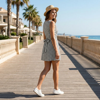 Second natural lifestyle image of a model wearing Grey Boat Neck Plaid Mini Dress