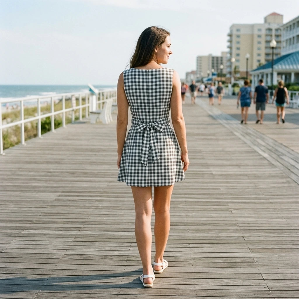 Third natural lifestyle image of a model wearing Grey Boat Neck Plaid Mini Dress