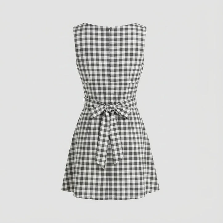Back product-only image of Grey Boat Neck Plaid Mini Dress