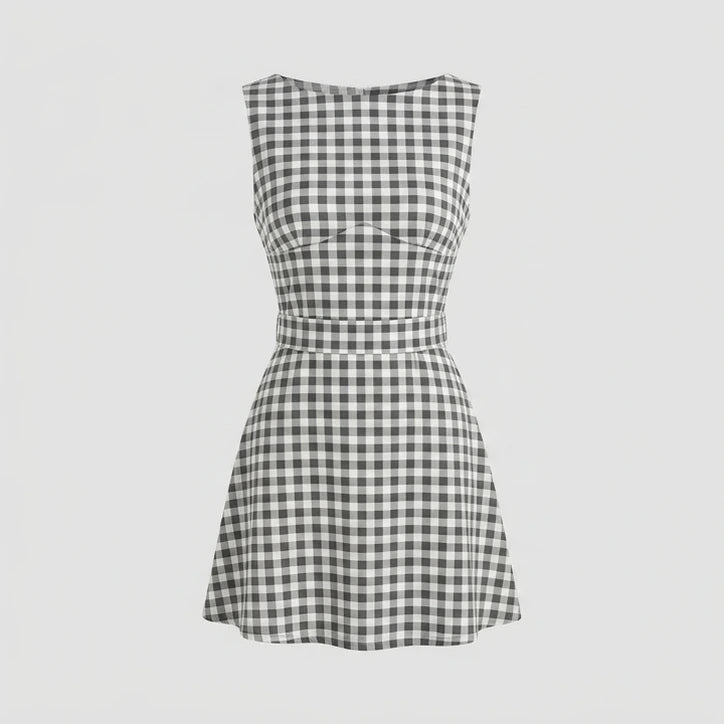 Front product-only image of Grey Boat Neck Plaid Mini Dress