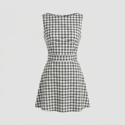Front product-only image of Grey Boat Neck Plaid Mini Dress