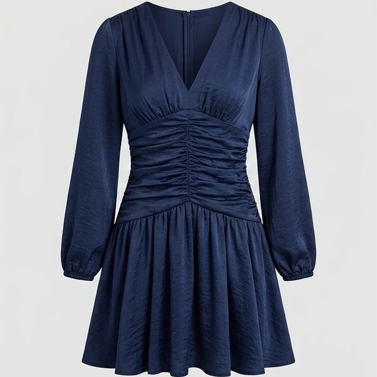 Front product-only image of navy-ruched-a-line-mini-dress