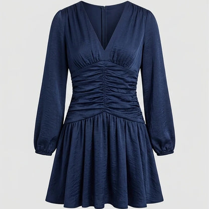 Front product-only image of navy-ruched-a-line-mini-dress