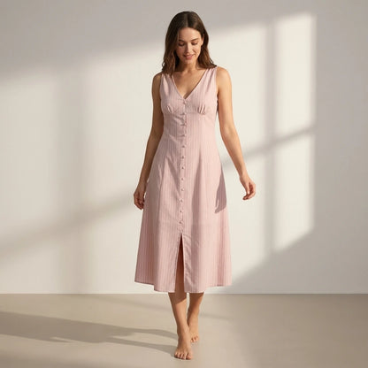 Natural lifestyle image of a model wearing pink-striped-v-neck-sleeveless-midi-dress