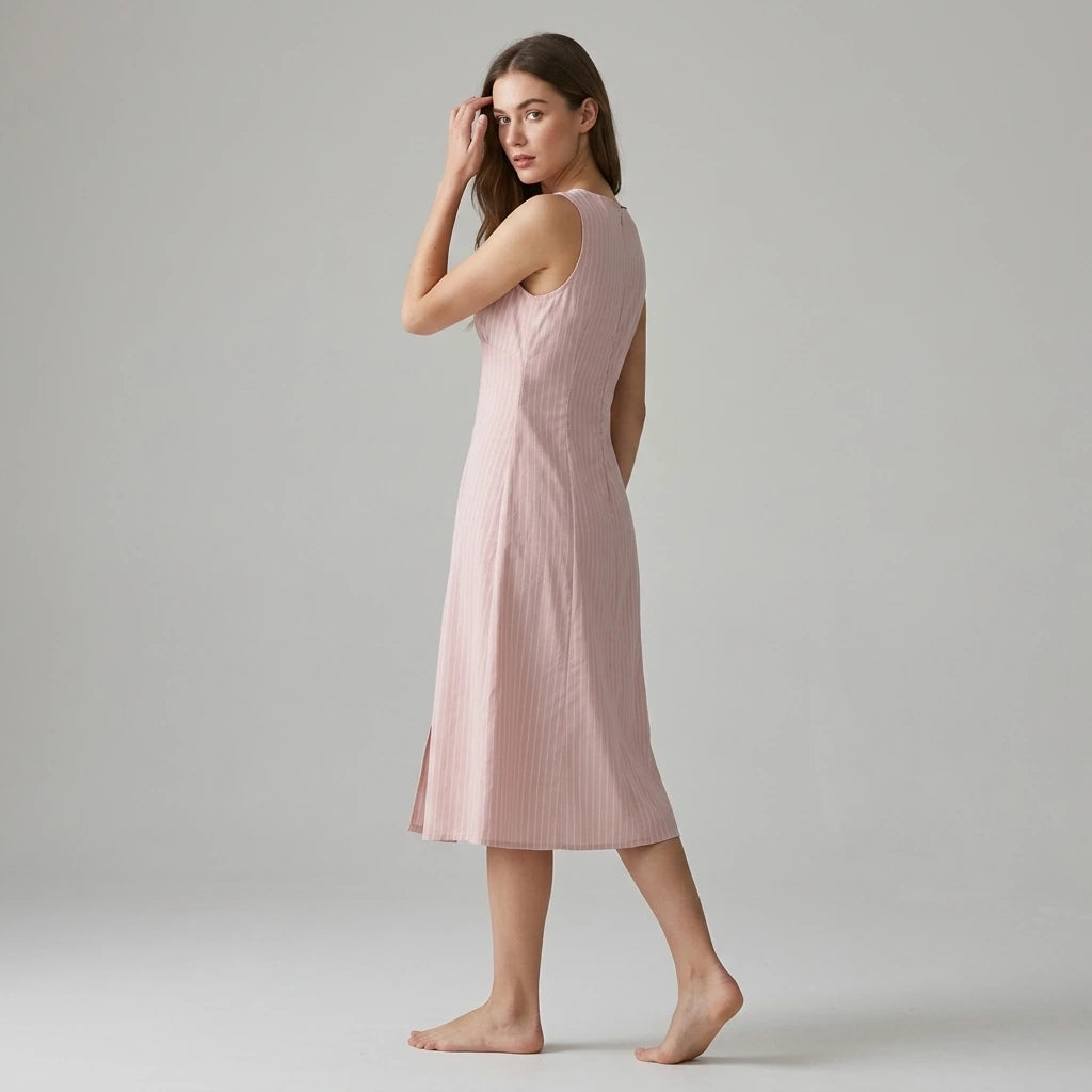 Second natural lifestyle image of a model wearing pink-striped-v-neck-sleeveless-midi-dress