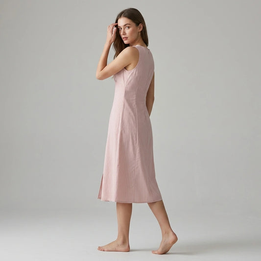 Second natural lifestyle image of a model wearing pink-striped-v-neck-sleeveless-midi-dress