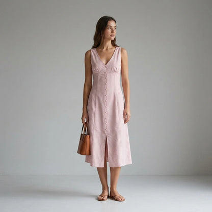 Third natural lifestyle image of a model wearing pink-striped-v-neck-sleeveless-midi-dress