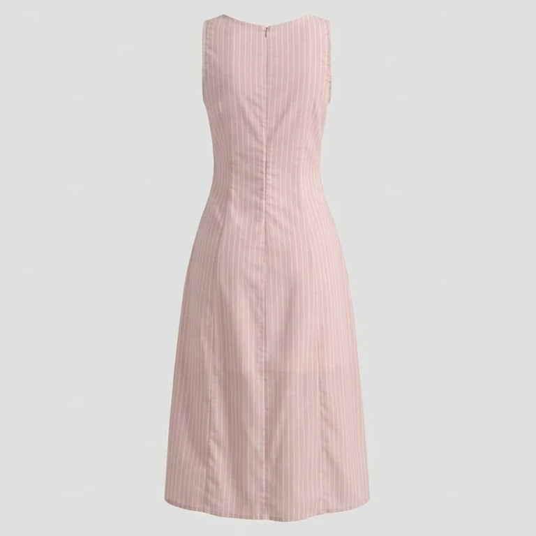 Back product-only image of pink-striped-v-neck-sleeveless-midi-dress