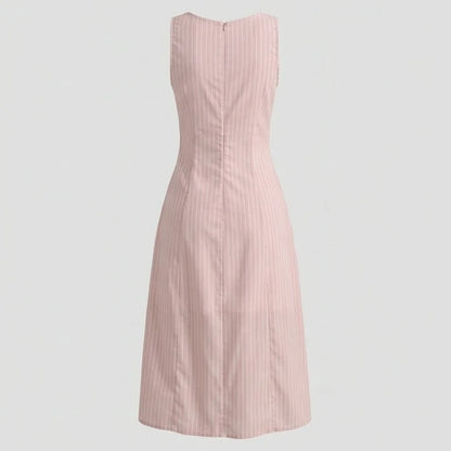 Back product-only image of pink-striped-v-neck-sleeveless-midi-dress