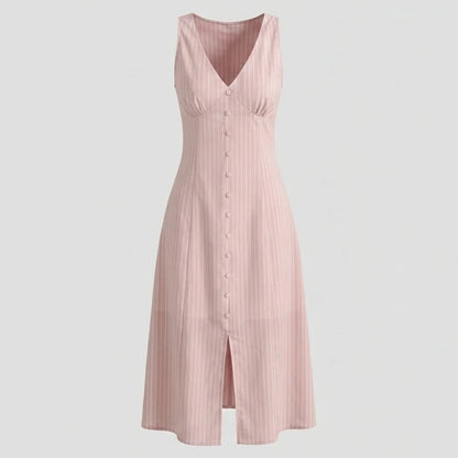 Front product-only image of pink-striped-v-neck-sleeveless-midi-dress