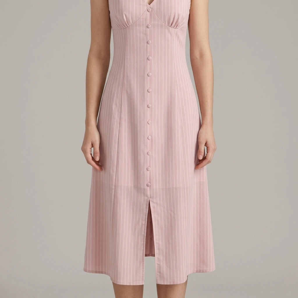 Model wearing pink-striped-v-neck-sleeveless-midi-dress with close focus on the product