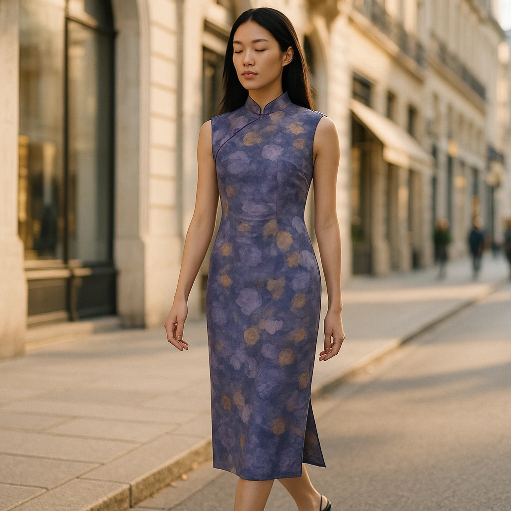 Natural lifestyle image of a model wearing Purple Floral Sheath Midi Dress Mandarin Collar Sleeveless Polyester Vacation Summer