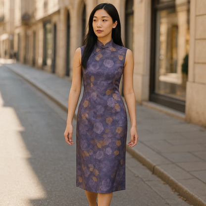 Second natural lifestyle image of a model wearing Purple Floral Sheath Midi Dress Mandarin Collar Sleeveless Polyester Vacation Summer