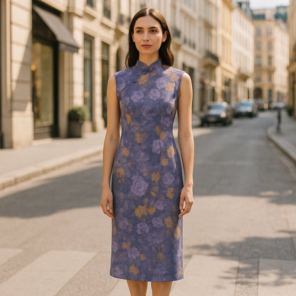 Third natural lifestyle image of a model wearing Purple Floral Sheath Midi Dress Mandarin Collar Sleeveless Polyester Vacation Summer