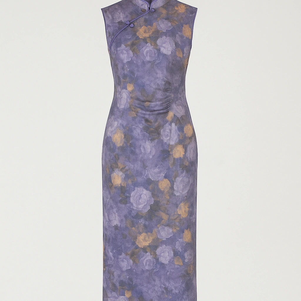 Isolated product image of Purple Floral Sheath Midi Dress Mandarin Collar Sleeveless Polyester Vacation Summer on simple background