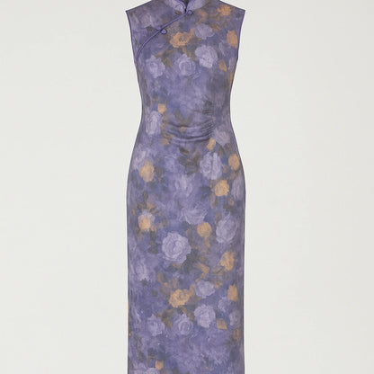 Isolated product image of Purple Floral Sheath Midi Dress Mandarin Collar Sleeveless Polyester Vacation Summer on simple background