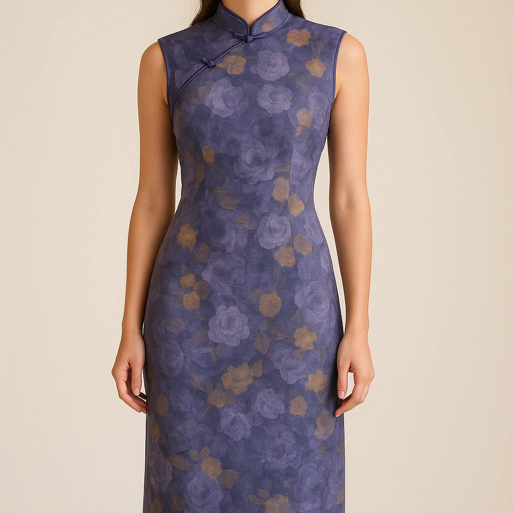 Model wearing Purple Floral Sheath Midi Dress Mandarin Collar Sleeveless Polyester Vacation Summer with close focus on the product