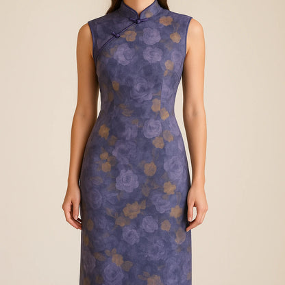 Model wearing Purple Floral Sheath Midi Dress Mandarin Collar Sleeveless Polyester Vacation Summer with close focus on the product