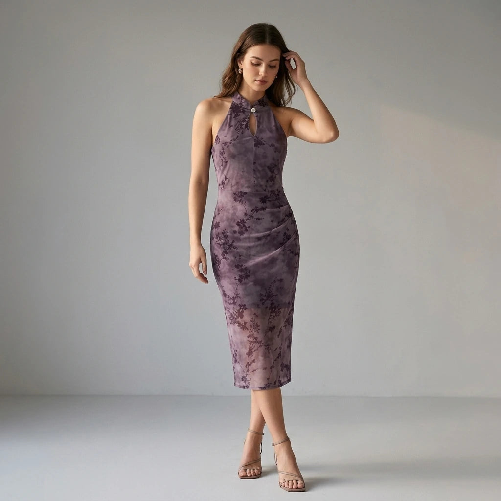 Natural lifestyle image of a model wearing Purple Sleeveless Bodycon Midi Dress