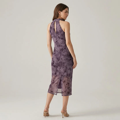 Second natural lifestyle image of a model wearing Purple Sleeveless Bodycon Midi Dress