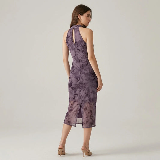 Second natural lifestyle image of a model wearing Purple Sleeveless Bodycon Midi Dress
