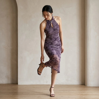 Third natural lifestyle image of a model wearing Purple Sleeveless Bodycon Midi Dress