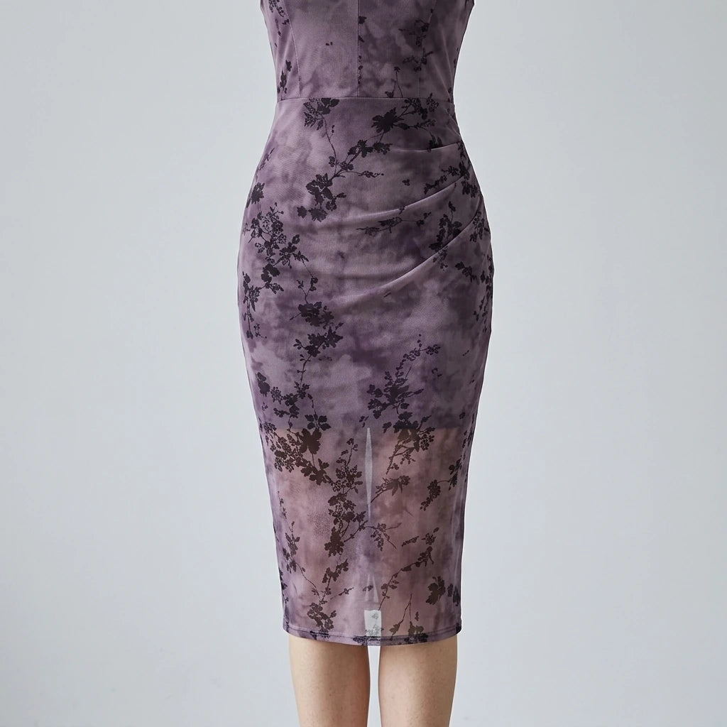 Model wearing Purple Sleeveless Bodycon Midi Dress with close focus on the product