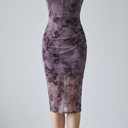 Model wearing Purple Sleeveless Bodycon Midi Dress with close focus on the product