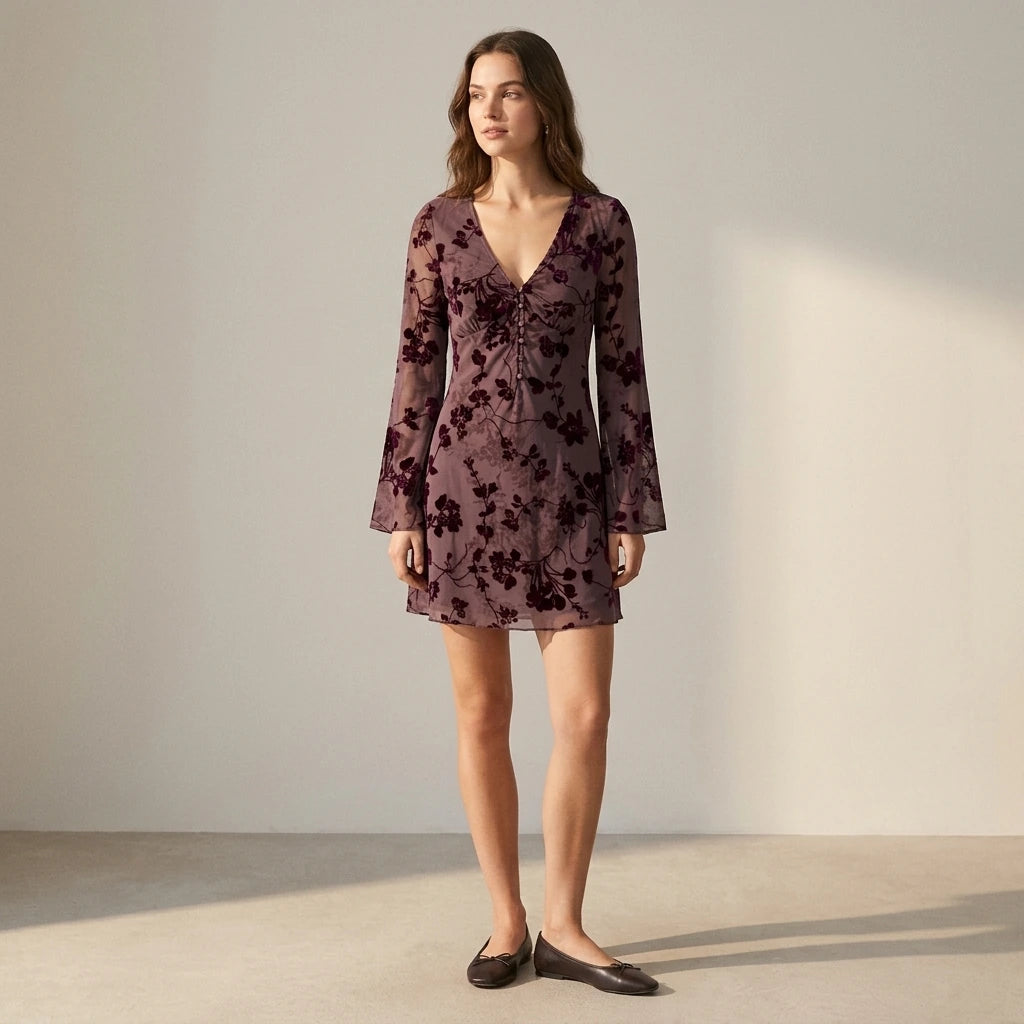 Natural lifestyle image of a model wearing purple-v-neck-floral-mini-dress