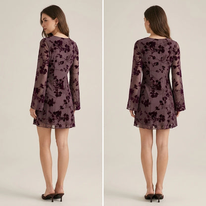 Second natural lifestyle image of a model wearing purple-v-neck-floral-mini-dress