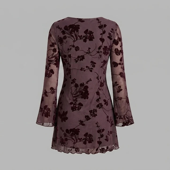 Back product-only image of purple-v-neck-floral-mini-dress