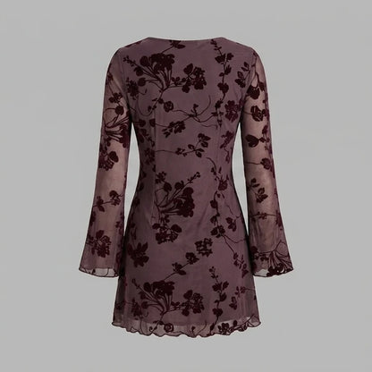 Back product-only image of purple-v-neck-floral-mini-dress