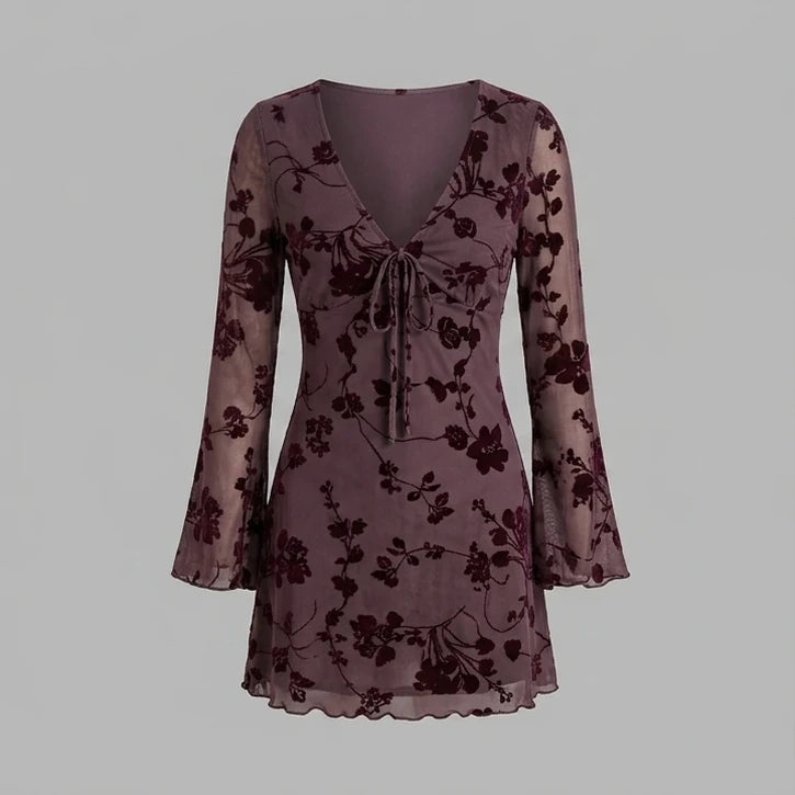 Front product-only image of purple-v-neck-floral-mini-dress
