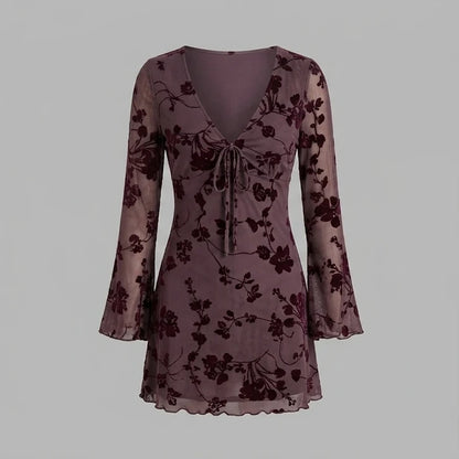 Front product-only image of purple-v-neck-floral-mini-dress