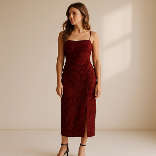 Natural lifestyle image of a model wearing Red Shirred Floral Maxi Dress Slip Sheath Slit Square Neck Sleeveless Polyester Occasion Summer