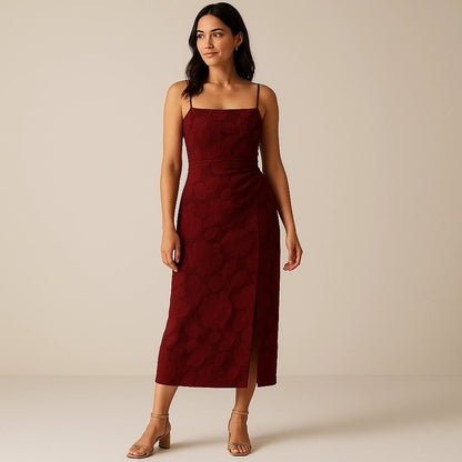 Second natural lifestyle image of a model wearing Red Shirred Floral Maxi Dress Slip Sheath Slit Square Neck Sleeveless Polyester Occasion Summer