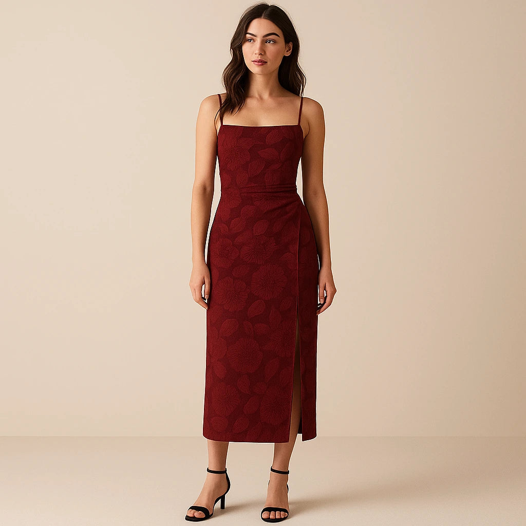 Third natural lifestyle image of a model wearing Red Shirred Floral Maxi Dress Slip Sheath Slit Square Neck Sleeveless Polyester Occasion Summer